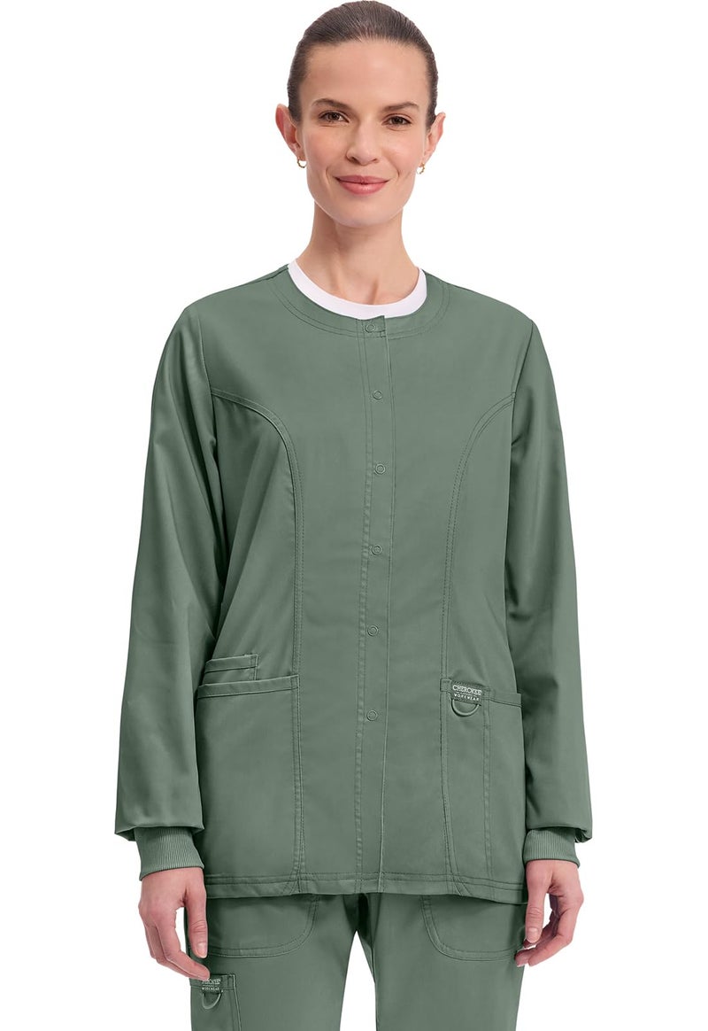 Cherokee Womens Scrub Jacket Nurse Snap Front Medical Uniform with Pockets, 2-Way Stretch, Easy Care Soft Fabric - WW310, XL, Olive - Image 1